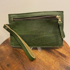 Green Leather Wristlet Clutch with Front Zip